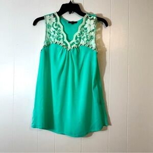 Sleeveless Lace & Beaded Top/Tank Blouse Aqua Medium